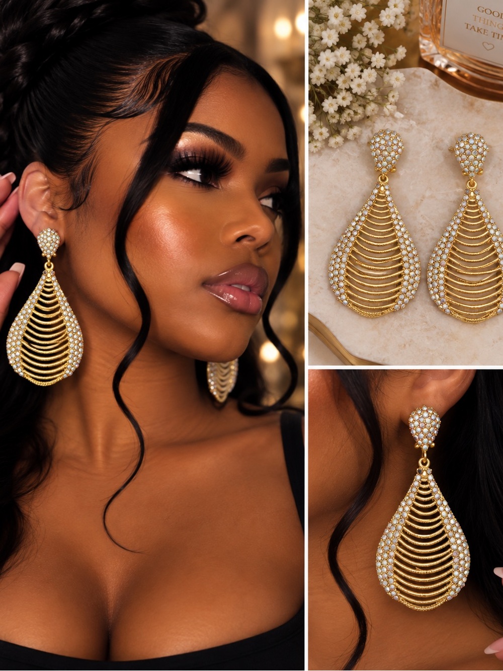 Abrand Gold Teardrop Crystal Earrings with Clear Stones